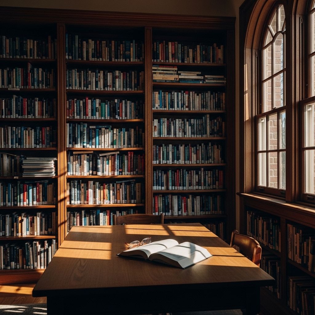 Sunlit reading room interior with tall wooden bookshelves filled with books, warm afternoon light streaming through large windows casting soft golden shadows across a simple wooden desk