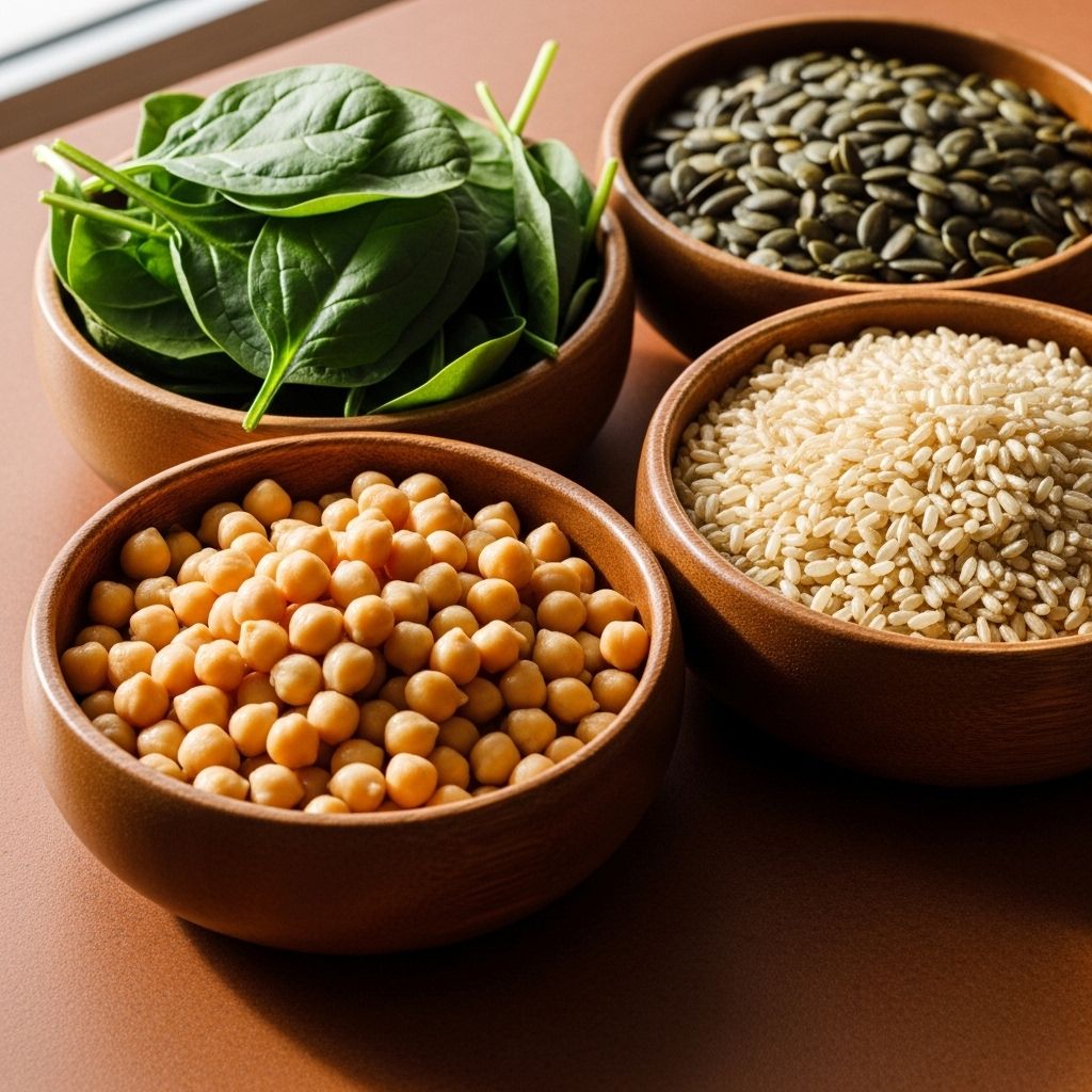 Arrangement of mineral-rich foods including dark leafy spinach, pumpkin seeds, chickpeas and brown rice in separate wooden bowls on a warm terracotta-toned table surface with natural window light
