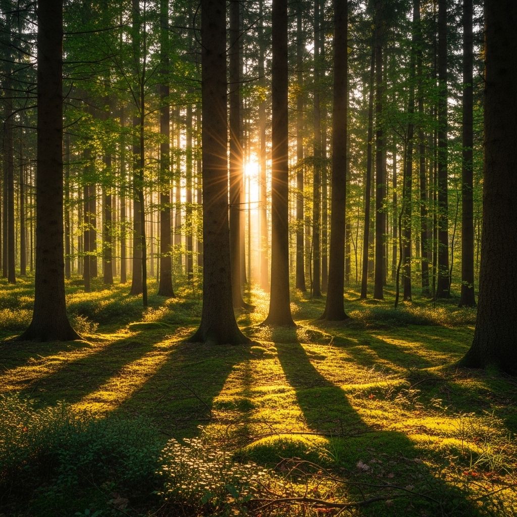 Serene natural landscape at golden hour with lush green forest, warm directional sunlight filtering through tall trees, creating long shadows on mossy ground, evoking calm and vitality
